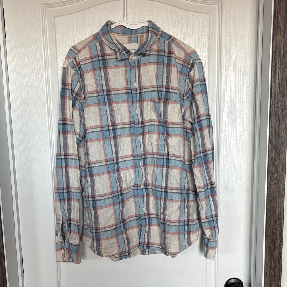 American Eagle Outfitters Blue and Coral Plaid Shirt-Large